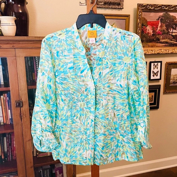Ruby Rd. women’s long sleeve semi-sheer button top SZ 14 blue green white - Picture 2 of 9